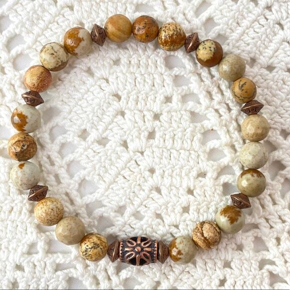 Stone Bead Brass Charm Stretch Bracelet Ivory Tan - Picture 2 of 2